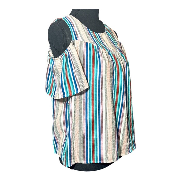 Monteau Open Shoulder Cream Multicolor Striped Baby Doll Top Size Large - Picture 4 of 6